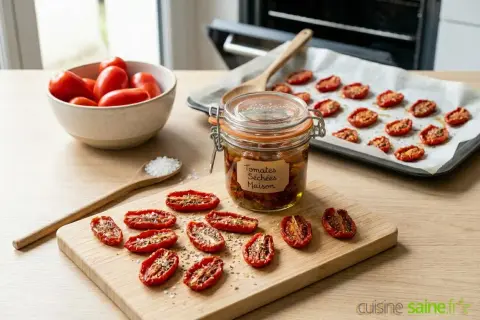 Préparation de tomates séchées maison : tomates fraîches, séchées sur une plaque et en bocal, prêtes pour une délicieuse recette.