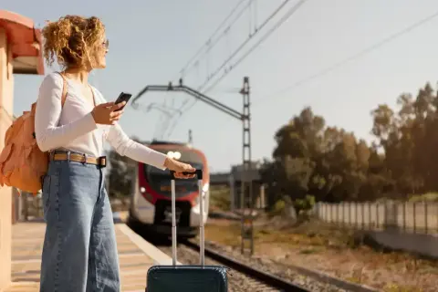 Kobieta z plecakiem i walizką na peronie sprawdza telefon, zastanawiając się, ile się płaci za nadbagaż. Pociąg zbliża się do stacji.