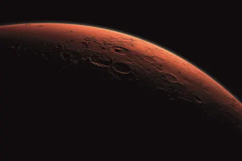 Mars kraterlandskap i mörker. Medeltemperatur mars är extremt låg, långt under fryspunkten.