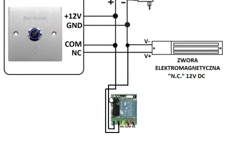 Schemat podłączenia przycisku "Door Release" do zwory elektromagnetycznej 12V DC. Jak podłączyć dodatkowy przycisk do otwierania furtki.