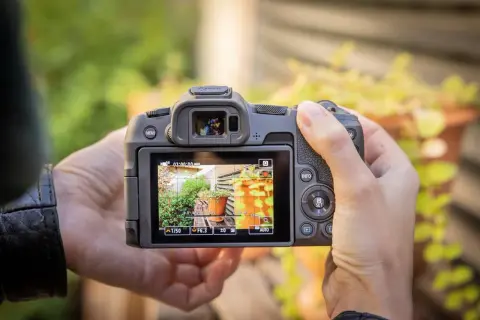 Test du Canon R8 : gros plan sur l'écran LCD affichant un jardin ensoleillé, avec les réglages de l'appareil photo visibles.