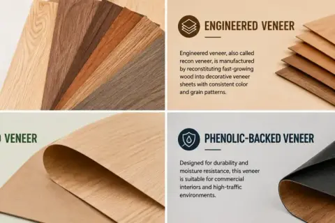 Impiallacciato: campioni di legno naturale, ingegnerizzato, con supporto in carta e fenolico. Ogni tipo ha un significato e un uso specifico.