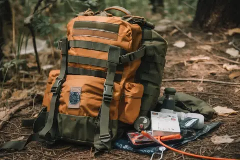 Mochila táctica naranja y verde con accesorios de supervivencia, lista para la aventura.