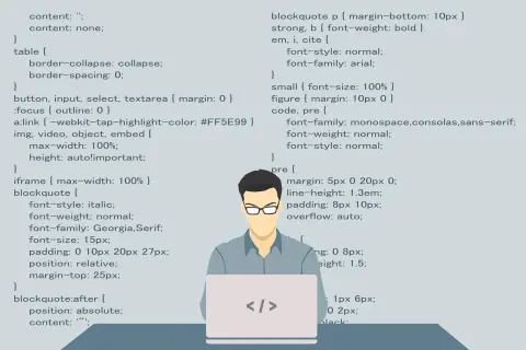 Programista przy laptopie, na ekranie kod CSS. Szybkie wyszukiwanie słowa w tekście to klucz do efektywnego kodowania.
