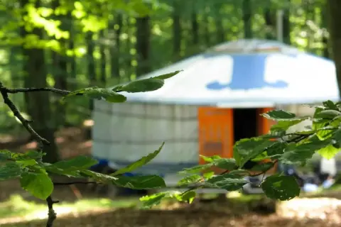 En rund yurt med orange dörr står i en skog. Nyrups Naturhotell erbjuder en unik vistelse bland träden.