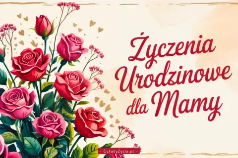 Bukiet róż i napis "Życzenia Urodzinowe dla Mamy" - idealne, wyjątkowe życzenia urodzinowe dla mamy.