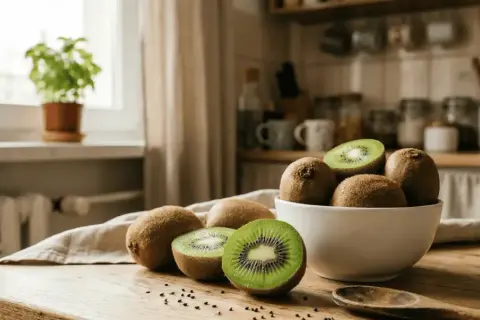Na drewnianym stole leży miska pełna owoców kiwi. Kilka kiwi jest przekrojonych, ukazując ich zielony miąższ i czarne pestki.