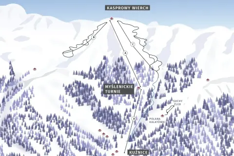 Mapa tras narciarskich na Kasprowym Wierchu. Widok z lotu ptaka na ośnieżone stoki, lasy i wyznaczone trasy zjazdowe.