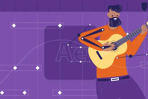 Animowany muzyk gra na gitarze, tworząc muzykę w programie After Effects. Efekt **slowmotion** podkreśla płynność animacji.