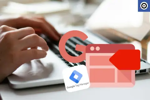 Ręce piszą na laptopie, a obok ikony Google i Google Tag Manager.