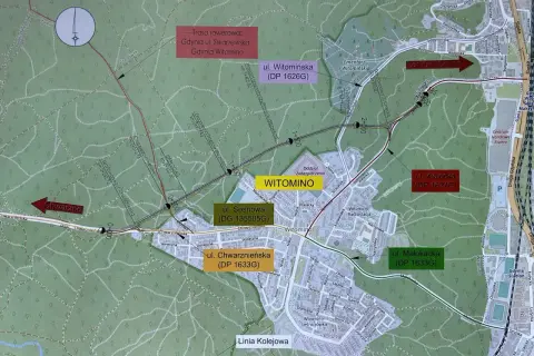 Mapa przedstawia przebieg obwodnicy Witomina, drogi rowerowe i ulice.