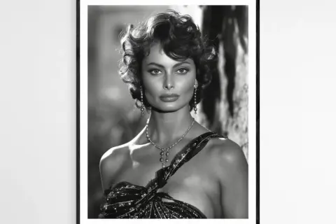 Ikoniczna Sophia Loren, jej zjawiskowa figura i spojrzenie hipnotyzują. Ubrana w błyszczącą suknię, z elegancką biżuterią.