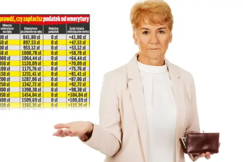 Starsza kobieta z portfelem w dłoni i tabelą, która pokazuje, czy od emerytury pobierana jest składka zdrowotna.