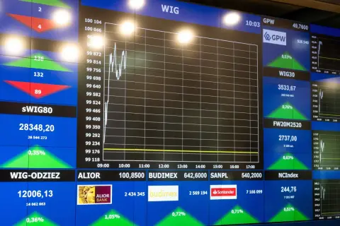 Ekran giełdowy z wykresem WIG, notowaniami spółek i wskaźnikami. Widoczny jest auto partner notowania, np. Alior Bank.