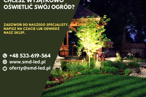 Pięknie oświetlony ogród nocą. Szukasz idealnej lampy do oświetlenia podwórka? Skontaktuj się z nami!