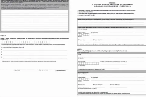 Wniosek o świadczenie pielęgnacyjne. Formularz zawiera dane wnioskodawcy, adres zamieszkania i dane członków rodziny przebywających za granicą.