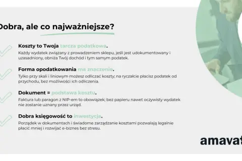 Dobra księgowość to inwestycja. Koszty to tarcza podatkowa, a dokument = podstawa kosztu. Prowadzenie e-biznesu z jdg jest łatwiejsze z porządkiem w dokumentach.