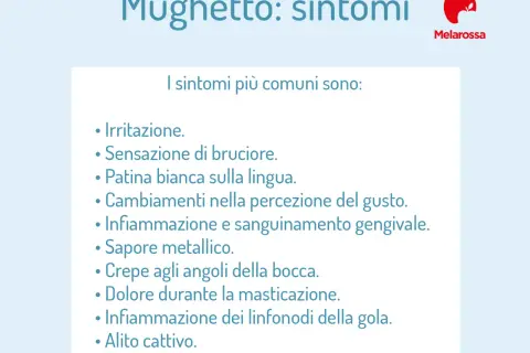 Elenco dei sintomi del mughetto: irritazione, bruciore, patina bianca sulla lingua, alterazioni del gusto, infiammazione gengivale, sapore metallico, crepe agli angoli della bocca, dolore alla masticazione, infiammazione linfonodi, alito cattivo.