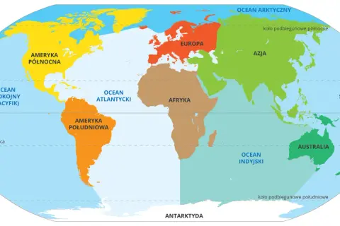 Mapa świata pokazuje, ile jest kontynentów: Amerykę Północną, Południową, Europę, Afrykę, Azję, Australię i Antarktydę.