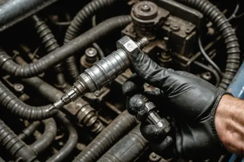 Main d'un mécanicien tenant une bougie d'allumage. La bougie noire signification est souvent liée à une combustion incomplète.