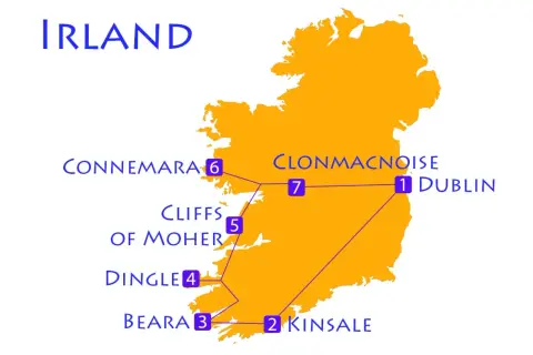 Karte für einen Irland Roadtrip: Dublin, Kinsale, Beara, Dingle, Cliffs of Moher, Connemara, Clonmacnoise.