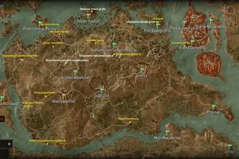 Mapa świata gry z zaznaczonymi lokacjami, takimi jak Ostatni Bastion, Wieś Jawornik i Kamieniołom Starych Pryków. Widać też ślady poszukiwań rynsztunek szkoły gryfa.