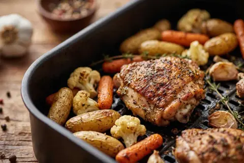 Contramuslos de pollo asados con patatas, zanahorias y coliflor en una bandeja.