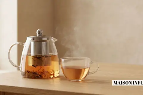 Une théière en verre fumante et une tasse de thé ambré sur une table en bois. Le temps idéal pour savoir combien de temps infuser le thé pour une saveur parfaite.