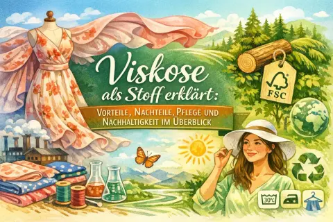 Viskose als Stoff erklärt: Vorteile, Nachteile, Pflege und Nachhaltigkeit. Das Material ist atmungsaktiv und angenehm zu tragen, wie die lächelnde Frau im Bild zeigt.