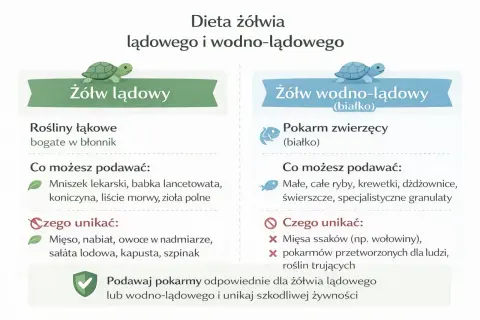 Ilustracja porównuje dietę żółwia lądowego i wodno-lądowego. Żółw w domu potrzebuje odpowiednego pokarmu.
