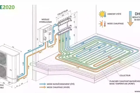 Schéma d'une PAC air/eau réversible pour un plancher chauffant-rafraîchissant basse température. Le système assure le rafraîchissement en été et le chauffage en hiver.