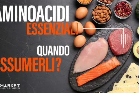 Aminoacidi essenziali: quanti grammi al giorno? Immagine mostra proteine animali e vegetali, con testo che interroga sul loro consumo.