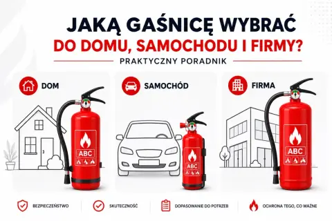 Wybór odpowiedniego podręcznego sprzętu gaśniczego do domu, samochodu i firmy. Ilustracja pokazuje gaśnice przy domku, aucie i budynku.