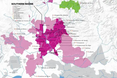 Mapa winnic południowego Rodanu, z zaznaczonymi regionami, w tym Châteauneuf-du-Pape.
