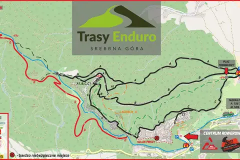 Mapa tras Enduro Srebrna Góra. Widoczne linie tras A, B, C, D, w tym czerwona D-ROMET RED LINE, oraz szlaki piesze.