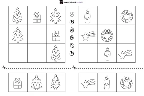 Świąteczne zadania dla dzieci do druku: sudoku z choinkami, prezentami, świecami, gwiazdkami i wieńcami.
