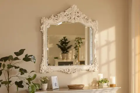 Un miroir ancien en bois, relooké en blanc, orné de volutes et de feuillages, reflète une pièce lumineuse avec des plantes.