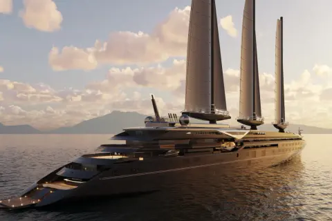 Lussuoso yacht a vela con vele retrattili, un vero Orient Express dei mari, solca le acque calme.