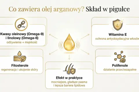 Olejek arganowy: kwasy Omega, witamina E, fitosterole, polifenole. Działa odżywczo, regeneruje skórę, wzmacnia włosy i chroni je antyoksydacyjnie.