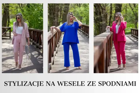 Eleganckie, gotowe stylizacje na wesele ze spodniami: różowy, niebieski i fuksjowy garnitur. Idealne na letnie przyjęcia.