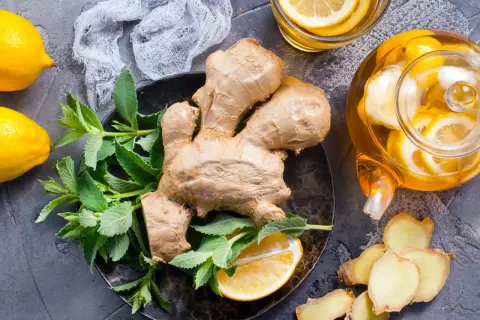 Zenzero, limone e menta per una tisana benefica. Scopri le zenzero proprietà per il benessere.