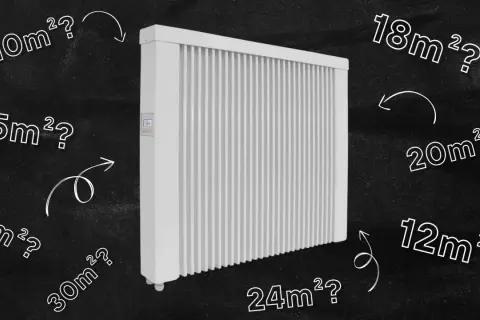 Jaki grzejnik do pokoju 16m²? Obok białego grzejnika pytania o metraż: 5, 10, 12, 15, 18, 20, 24, 30m².