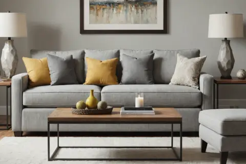 Graues Federkern Sofa mit gelben und grauen Kissen. Vorteile: bequem, Nachteile: kann einsinken.