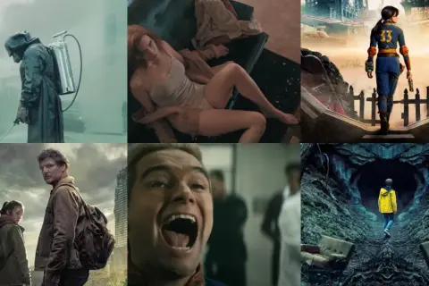 Kolaż z seriali: Czarnobyl, Gambit Królowej, Fallout, The Last of Us, The Boys, Dark. Zastanawiasz się, ile było odcinków?