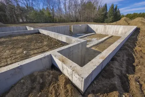 Betonowe fundamenty domu w budowie, otoczone ziemią i drzewami. Solidna podstawa dla przyszłego domu.