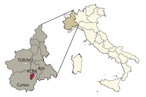 Mappa dell'Italia con evidenziata la regione Piemonte e, in particolare, le Langhe, zona rinomata per vini e tartufi.