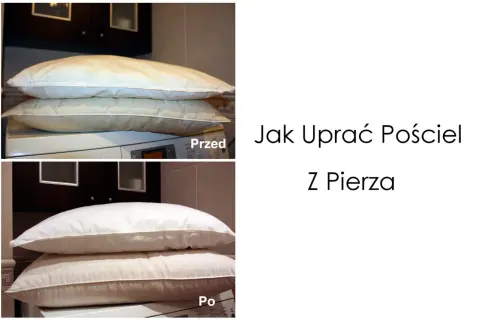 Pranie kołdry z pierza: porównanie przed i po. Dwie poduszki, jedna brudna, druga czysta, leżą na pralce.