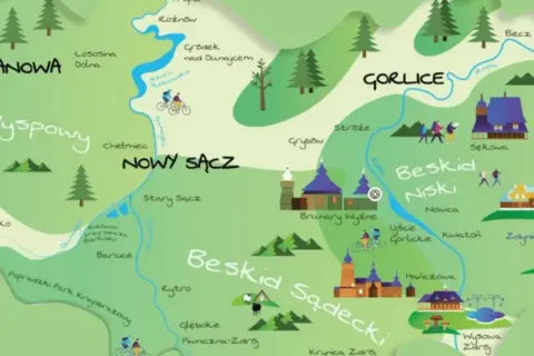 Mapa turystyczna z zaznaczonymi miastami, rzekami i szlakami. Widać Gorlice, Nowy Sącz i Beskid Niski, idealne na wycieczki po górach.