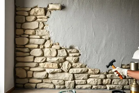 Maintenant, on va enlever l'enduit ciment sur ce mur en pierre. Un marteau et des gants sont prêts pour le travail.