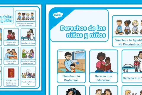 Póster ilustrado sobre los 10 derechos de los niños y niñas, mostrando escenas de protección, educación, salud, igualdad y familia.